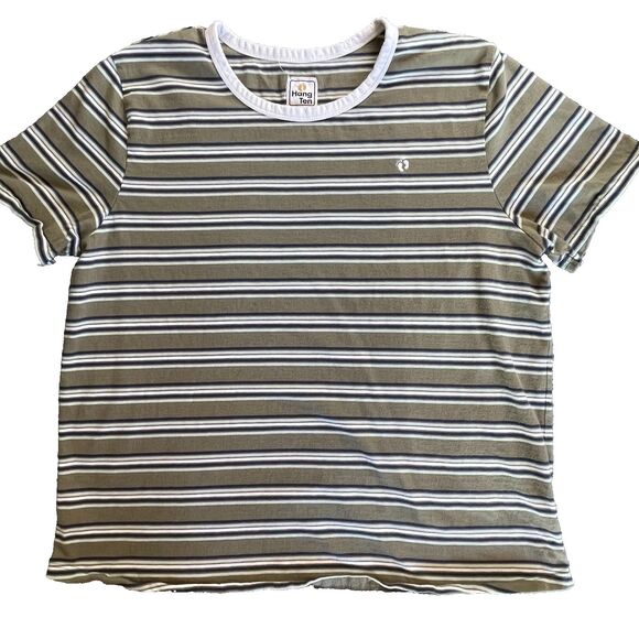 Hang Ten Women's Large Green 100% Cotton Striped S/S T-Shirt Surfing Retro Lg - Picture 1 of 8